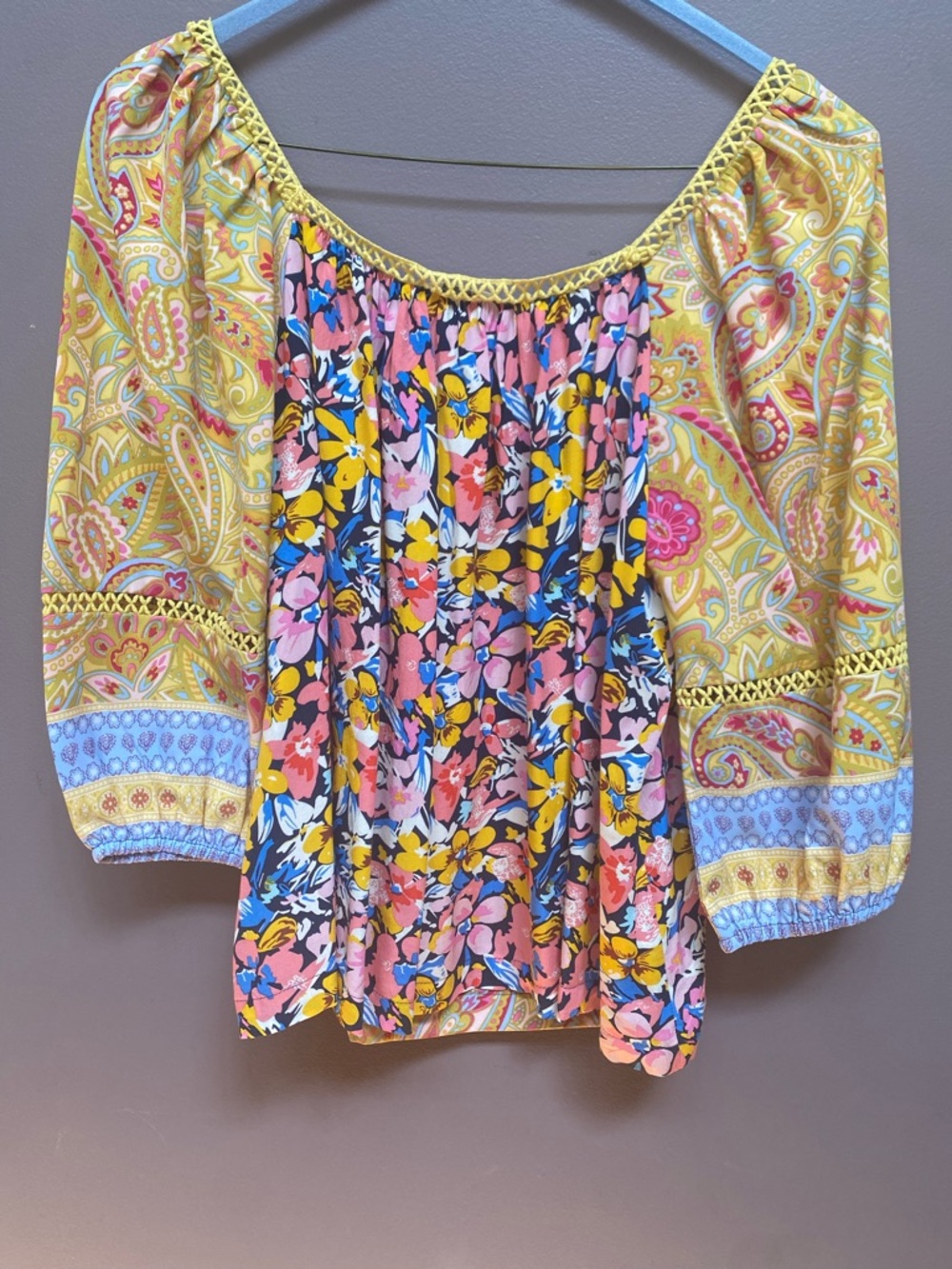 Umgee Boho Floral Paneled Peasant Top Sz S - Picture 6 of 7